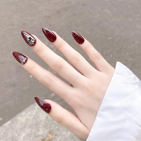 

false nails fake long pointed cherries diamond wear nail stickers finished 24 with glue fa, Red;gold