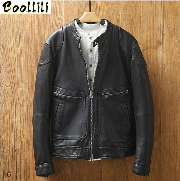 

men's leather & faux boollili sheepskin coat genuine jacket men spring autumn short motorcycle biker fashion, Black