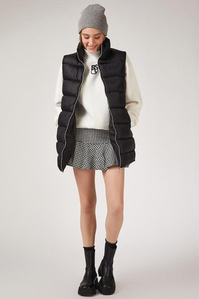 

women's vests happiness ist. turtleneck long sleeveless vest fn02413, Black;white
