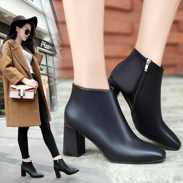 

boots 2021 autumn and winter simple square toe temperament high heel thick side zipper women's short nude, Black