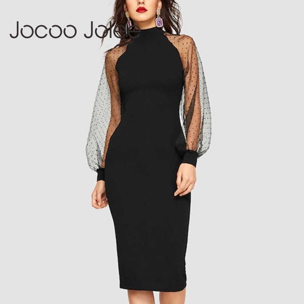 Jocoo Jolee Mode Spitze Sheer Puff Sleeve O Neck Dünnes Kleid Elegante Büro Dame Formale Split Bleistift Kleid Party Club kleid 210619