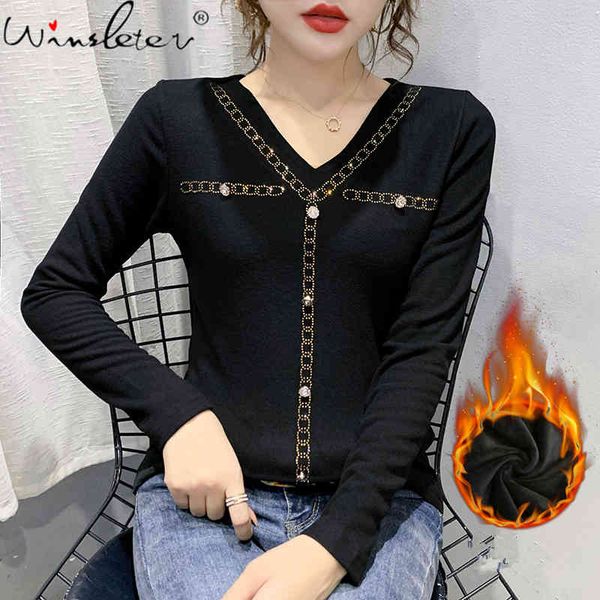 

women's t-shirt fall winter korean style girl v-neck button shiny dimonds women with fleece brushed cotton tees 2021 t0n, White