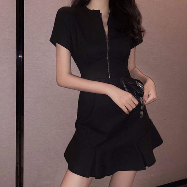 

casual dresses short sweet o neck fishtail hem dress all-match solid color for daily wear, Black;gray
