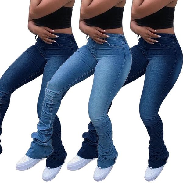 

women's jeans spring autumn bell bottom mom casual light blue mid waist skinny stacked femme fashion 90s denim flared pants