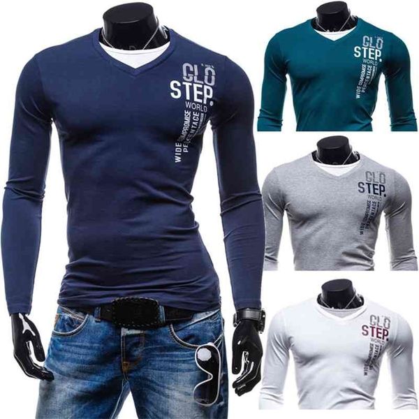 Hohe Qualität Elastischer Baumwollstoff Männer T-shirt Für Männliche Große Größe Business T-shirts V-ausschnitt Langarm Tops Volle 210409