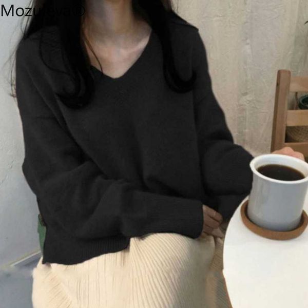 

oversize sweater women ribbed knitted v neck loose pullovers casual solid autumn winter clothes green pink black 210427, White;black