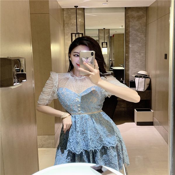

casual dresses runway women short sleeve 2021 summer see through white mesh spliced blue ruffles lace party designer clothes q594, Black;gray