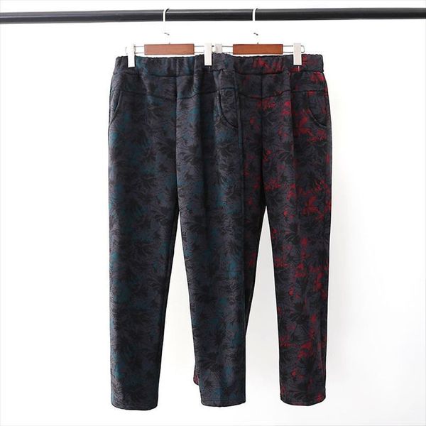 

autumn winter middle aged women legging plus velvet warm pants flroal printed high waist trouser size 7xl l01, Black