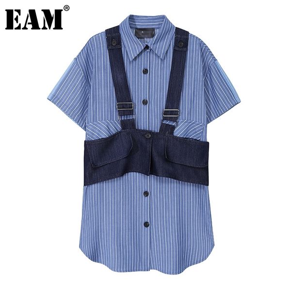 

[eam] women blue big size striped pocked blouse lapel short sleeve loose fit shirt fashion spring summer 1dd7377 210512, White