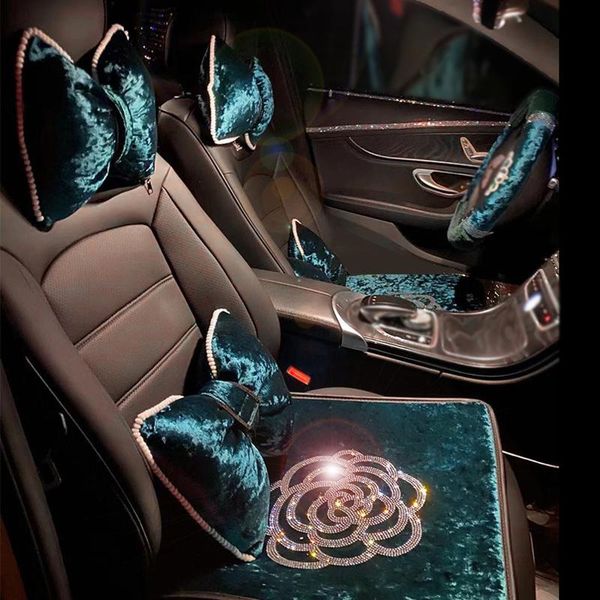 

seat cushions retro bowknot car neck headrest pillow diamond rhinestone camellia flower auto waist support accessories for women
