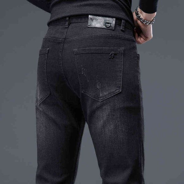 

autumn 2021 thick boutique men's jeans black slim small feet elastic leisure trend hong kong version, Blue