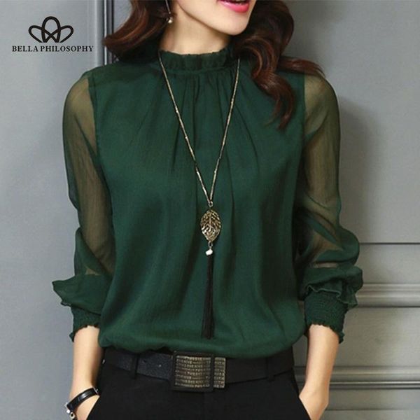 

women's blouses & shirts wonder 2021 spring chiffon blouse women long sleeve stand neck work wear casual solid colorm-xxl, White