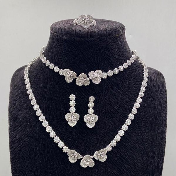 

earrings & necklace lanyika jewelry set romantic blooming flower micro pave with earrings, bracelet and ring for woman wedding party gifts, Silver