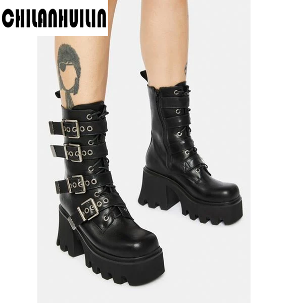 

boots punk style buckle black platform combat ankle for women lace up strap casual autumn winter warm biker