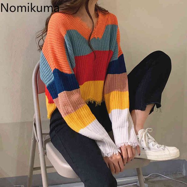 Nomikuma Pullover a righe arcobaleno Maglione con scollo a V Manica lunga Top corto Donna Sueter Mujer Maglioni coreano chic Streetwear 3d280 210514
