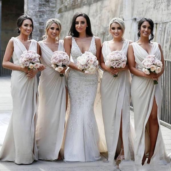 

bridesmaid dress 2021 spring wedding chiffon ivory front split v neck maid of honor gown, White;pink