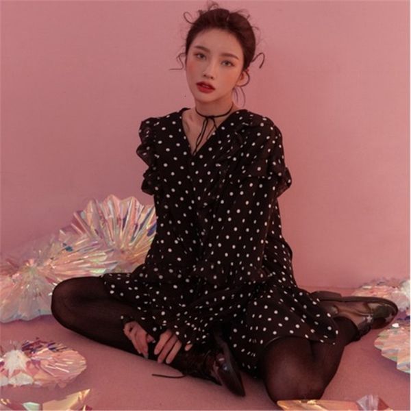 

black long sleeve ruffles summer printed party korean spring v neck loose dress women vintage flare casual ladies dresses, Black;gray