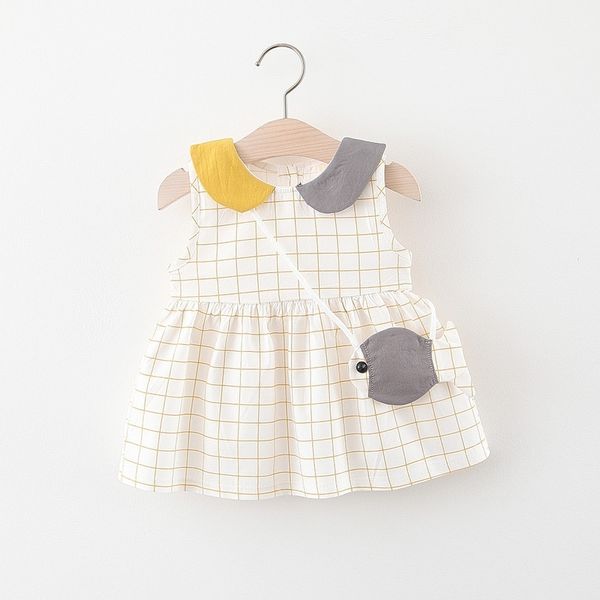 Moda contraste cor xadrez boneca colarinho bebê menina vestido verão sem mangas roupas meninas princesa 210515