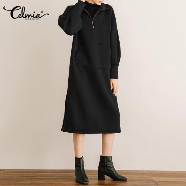 

casual dresses s-5xl women winter fleece dress celmia fashion lapel sweatshirt vintage long sleeve pocket solid midi vestidos 5xl, Black;gray