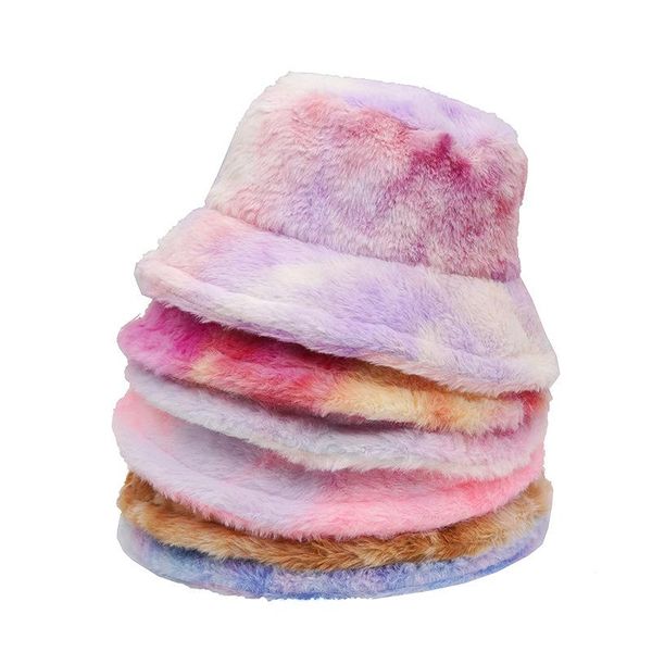 

wide brim hats women winter rainbow tie-dye bucket hat plush short sun protection thickened warm outdoor panama fisherman, Blue;gray