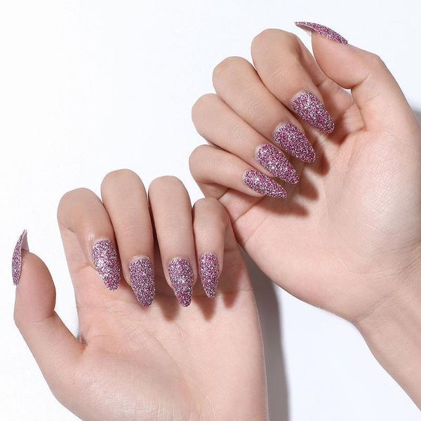 

metal color glitter fake nails with glue red purple false nail art tips coffin stick designs full cover artificial sharp nails1, Red;gold