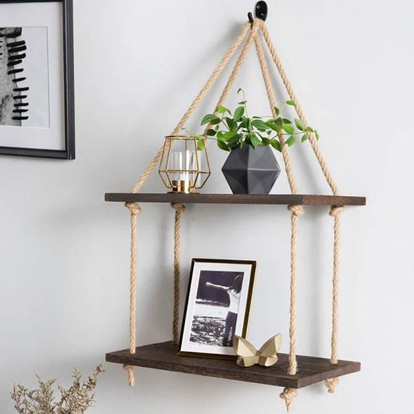

rope shelf wood wall hanging ladder storage rack for living room bathroom bedroom kitchen apartment office 3 tier hooks & rails