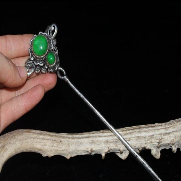 

china old tibetan silver inlaid green jade hairpin, Brown