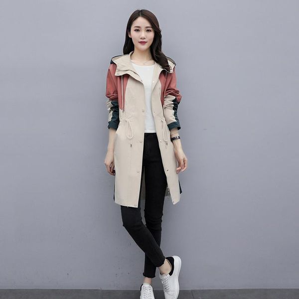 

women's trench coats windbreaker mid-length spring clothing 2021 hooded female korean loose overcoat temperament coat z688, Tan;black