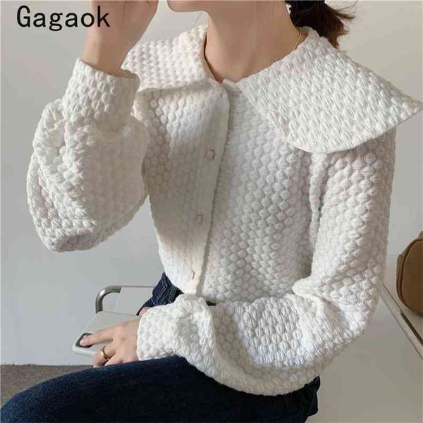 

women blouses spring autumn peter pan collar full polka dot shirts slim korean chic simple fashion wild 210531, White