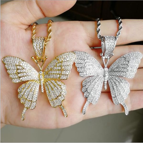 Collana con ciondolo a forma di grande farfalla con animali ghiacciati Collana con zirconi regalo da uomo in argento placcato oro