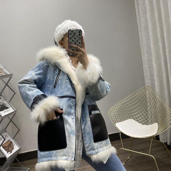 

women's fur & faux 2021winter casual denim fabric down jacket liner real placket hooded parka mid-length coats, Black