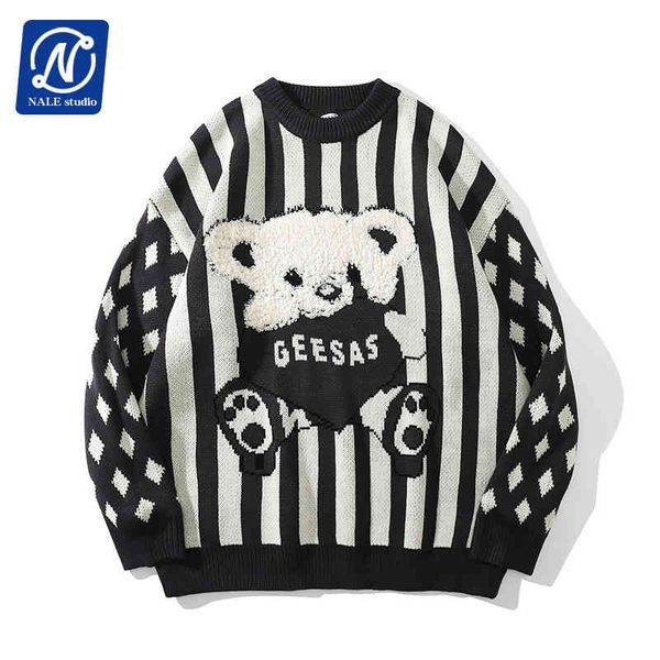 

sweetshirts bear knitted pullover striped sweater jumpers streetwear 2021 fashion casual coats autumn sweaters cotton, Black