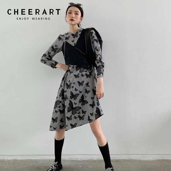 

grey black autumn butterfly dress women asymmetrical long sleeve fake 2 piece ladies puff designer 210427, Black;gray