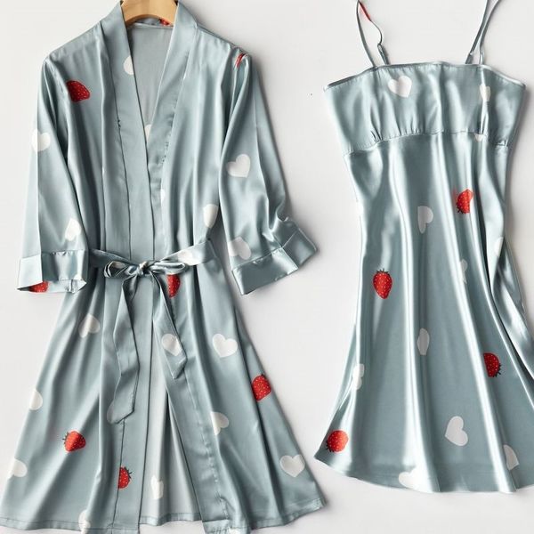 

women's sleepwear two piece robe set satin print summer women bathrobe faux silk intimate lingerie loungewear casual nightwear hom, Black;red