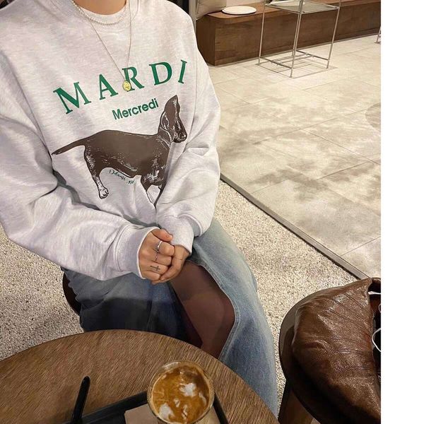 

korean round neck sweater dachshund printed terry women's loose, Black