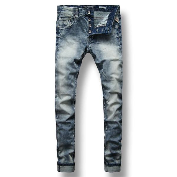 

italian fashion men retro jeans light gray blue elastic cotton slim fit ripped vintage designer denim buttons pants