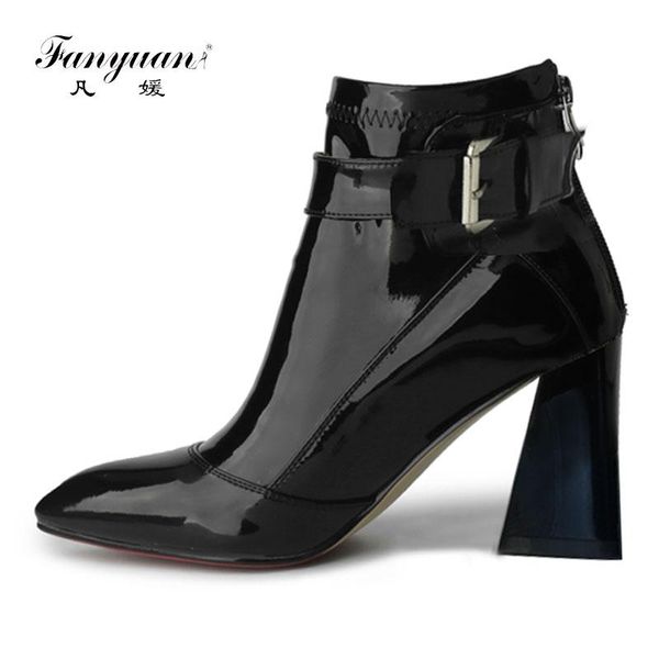 

boots fanyuan shoes woman fashion red patent leather waterproof ankle female zip 8cm square heels platform comfortable autumn, Black