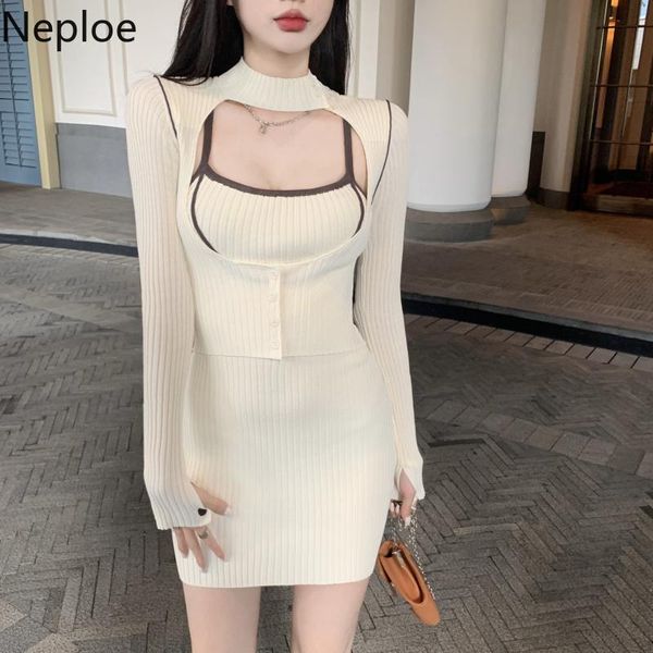 

casual dresses neploe woman dress temperament vestidos de mujer bodycon mini hollow out pullovers korean knit 2 piece set, Black;gray