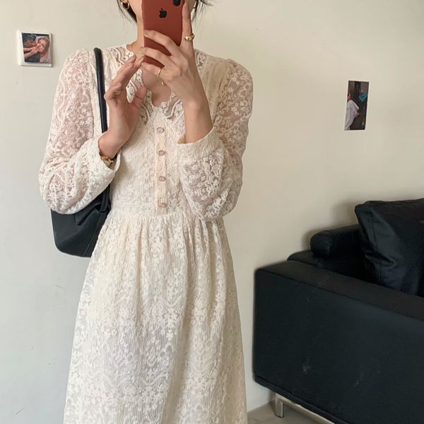 

dresses retro elegant women es v-neck lace patchwork single-breasted long sleeve autumn mid-calf cotton vestidos, Black;gray