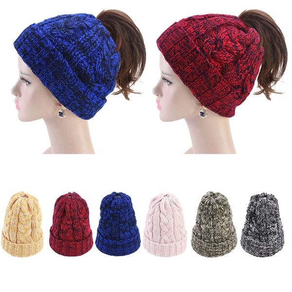 

beanies knitted hats in mixed colors for warm keeping & wind protection winter/autumn hat girls with ponytail