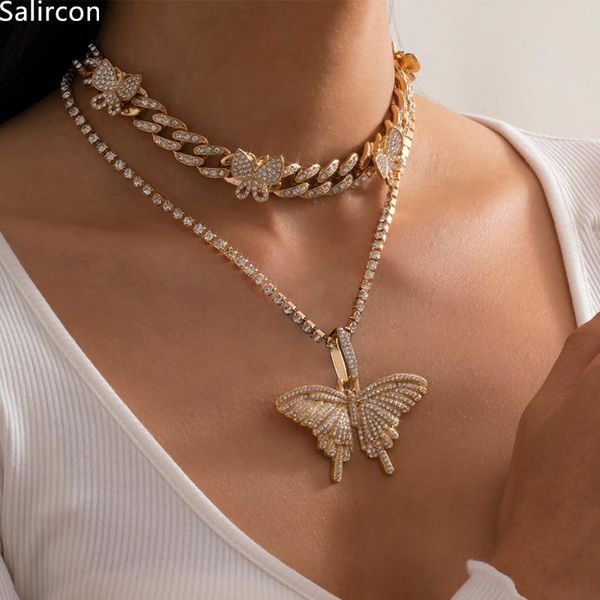 

pendant necklaces cuban luxury iced out rhinestone tennis chain butterfly necklace for women punk creative adjustable charm jewelry gifts, Silver