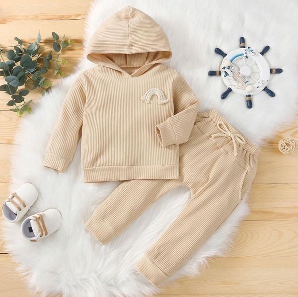 

clothing sets 2 pcs toddler ribbed outfits, kids rainbow decoration long sleeve hooded sweatshirt + trousers with bow, pockets, White