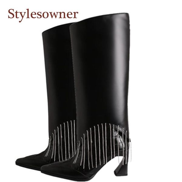 

boots pointed crocodile pattern high-heeled fashion for fall/winter style fringed rhinestone chain straight trousers, Black