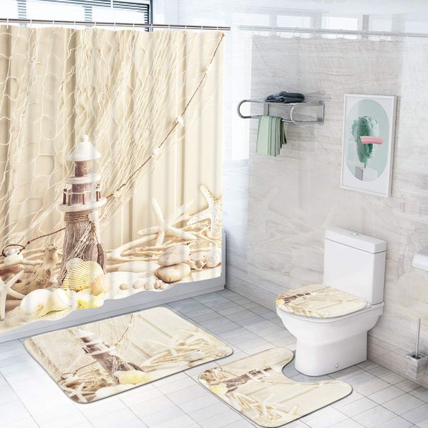 

4 pcs lighthouse starfish shower curtain sets with non-slip rugs, toilet lid cover and bath mat, marine ocean beach shower