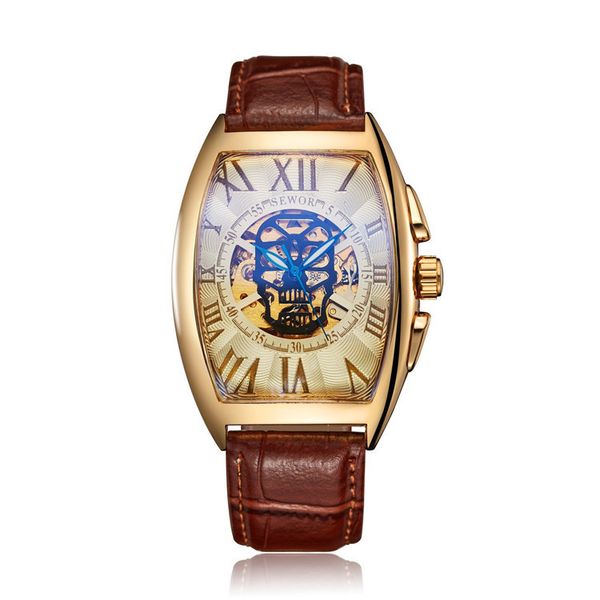 

watch sewor wine barrel type hollow back skull man automatic mechanical belt, Slivery;brown