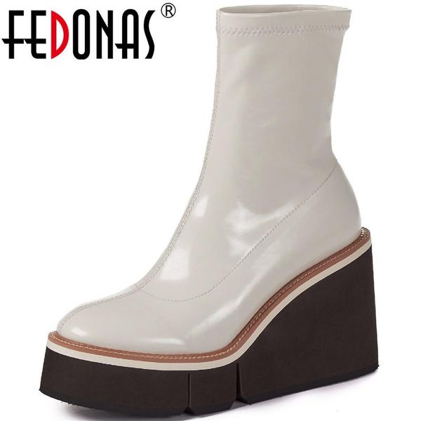 

genuine leather shoes woman wded platform high heels boots 2021 autumn winter concise party working ankle, Black
