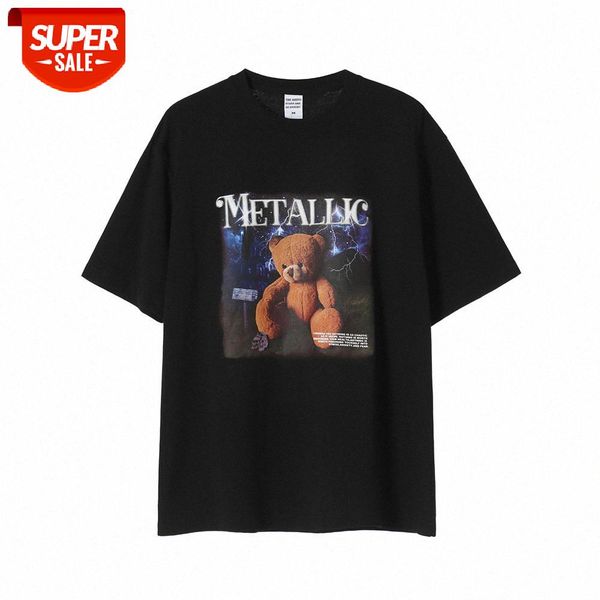 

bear pattern printed short-sleeved t-shirt men's street flow loose five-point sleeves round neck half #ur9a, White;black