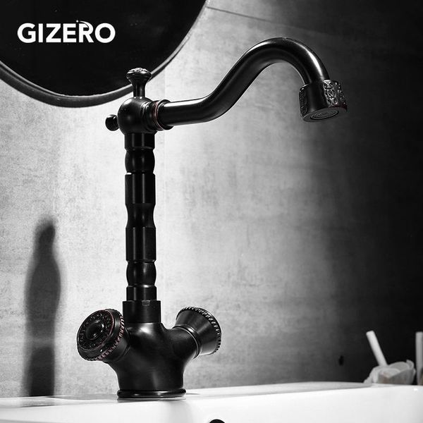 

bathroom sink faucets gizero ly tall/short type black bronze faucet double handle carved basin 360 degree spout vanity mixer taps gi166