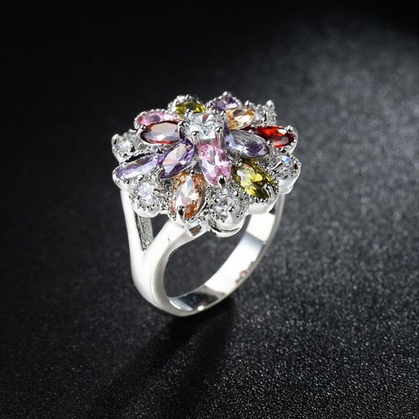 

fashion luxury femme silver color big large flower multicolor zircon ring for women gift party bijoux engagement wedding jewelry rings, Slivery;golden