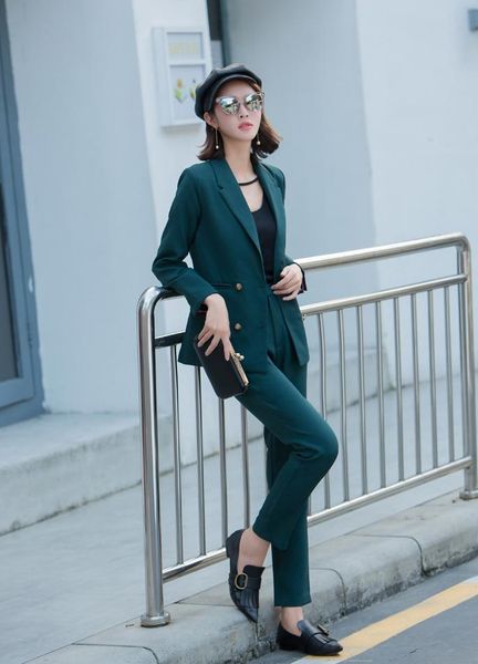 

pant suits woman korean double-breasted notched collar blazer & high waist pants ol ladies gold button 2 piece sets women's two, White